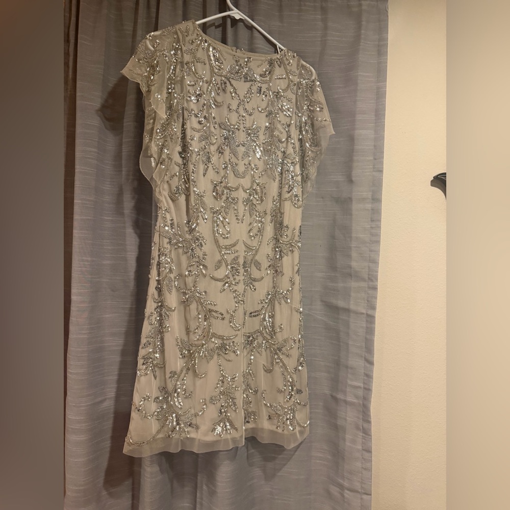 EUC Johnny Was Cream/Light Grey and Silver Embellished Mini Dress Size 4
